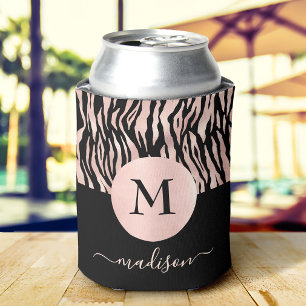 Rose Gold Animal Print Black Monogram Name Glam Can Cooler