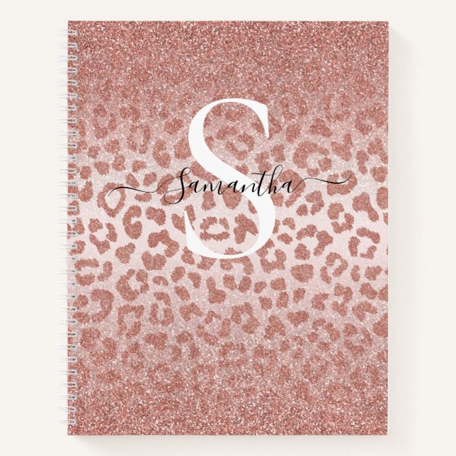 Rose Gold Animal Print Leopard Glitter Monogram Notebook (Front)