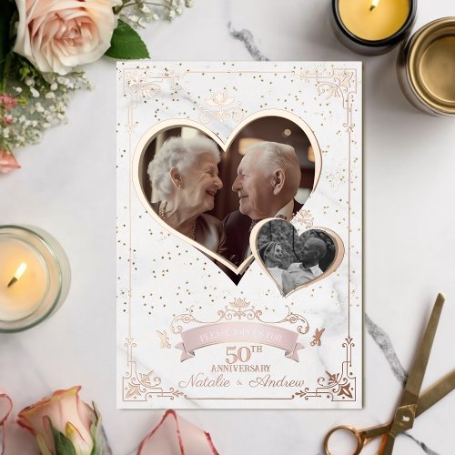 Rose Gold Anniversary Photo of Then  Now  Foil Invitation