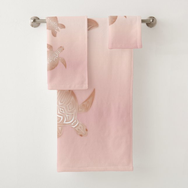 Rose Gold Apricot Blush Turtles Coastal Bath Towel Set (Insitu)
