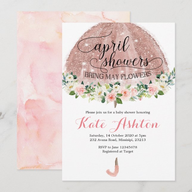 Rose Gold April Showers Umbrella Baby Shower Invit Invitation (Front/Back)