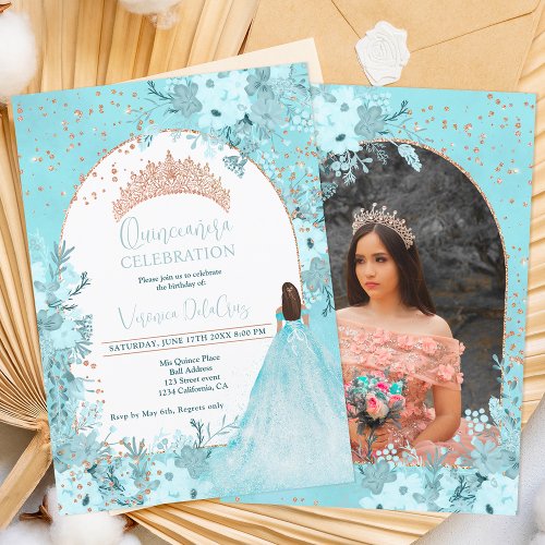 Rose gold aqua floral tiara princess Quinceanera Invitation