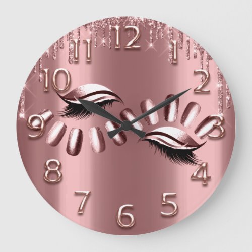 Rose Gold Arabic Number Glitter Drip Lashes Nails Large Clock