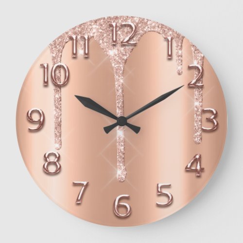 Rose Gold Arabic Numbers Glitter Drip Blush Copper Large Clock
