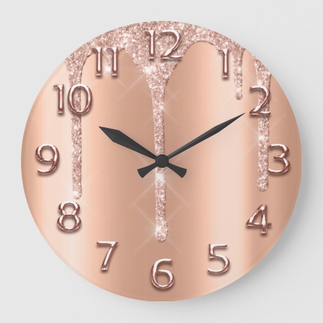 Rose Gold Arabic Numbers Glitter Drip Blush Copper Large Clock (Front)