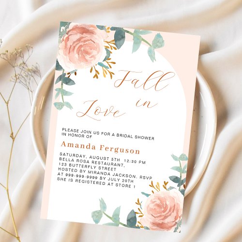 Rose gold arch floral Fall in Love Bridal Shower Invitation
