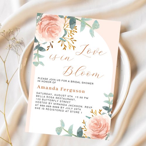 Rose gold arch floral Love in Bloom Bridal Shower Invitation