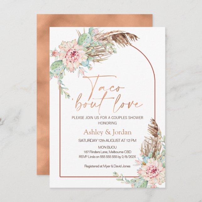 Rose Gold Arch Taco 'bout Love Boho Couples Shower Invitation (Front/Back)