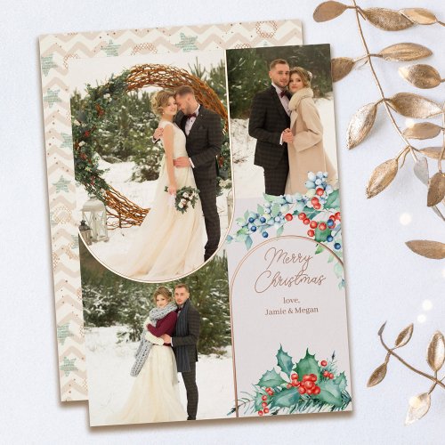 Rose Gold Arches 3 Photo Pine and Winter Berries Foil Holiday Card