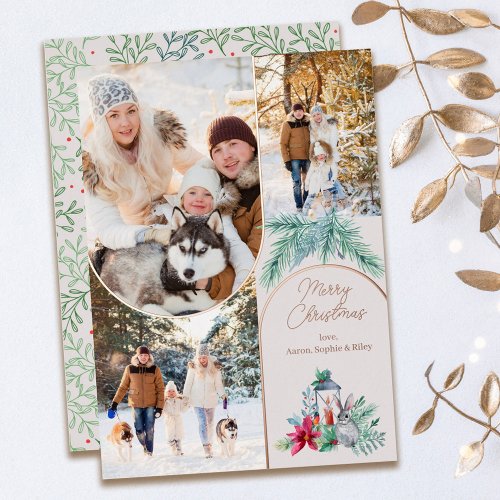 Rose Gold Arches 3 Photo Pine Lantern Christmas Foil Holiday Card