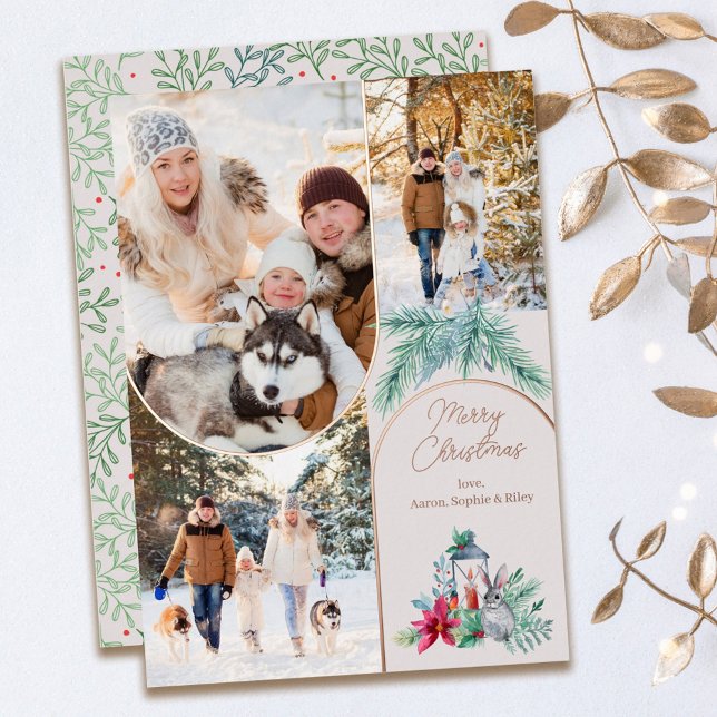 Rose Gold Arches 3 Photo Pine Lantern Christmas Foil Holiday Card (Creator Uploaded)