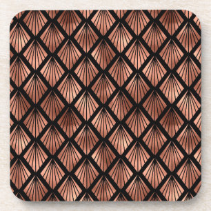 Rose Gold Art Deco Fans on Black Beverage Coaster