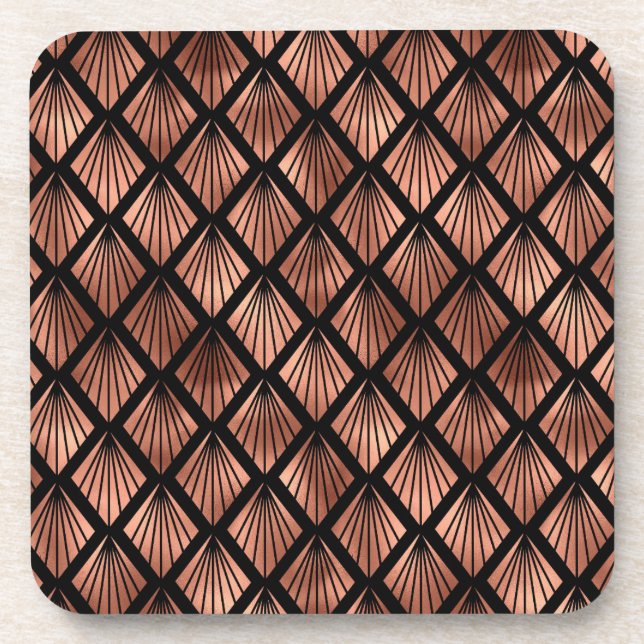 Rose Gold Art Deco Fans on Black Beverage Coaster (Front)
