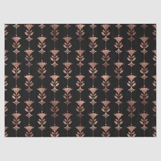 Rose Gold Art Deco Flowers on Black Decoupage Tissue Paper (Front)