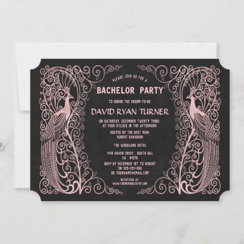 Rose Gold Art Deco Peacock Black Wedding Invite