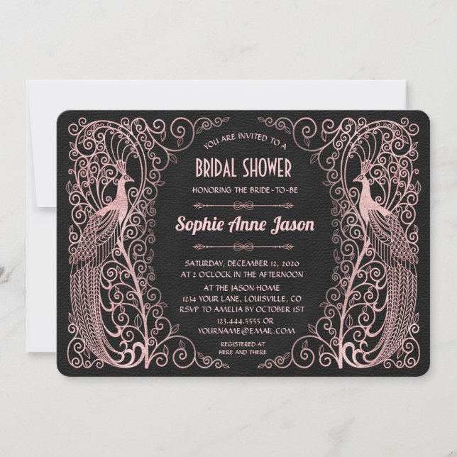 Rose Gold Art Deco Peacocks Black Bridal Shower Invitation (Front)