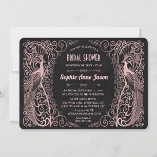 Rose Gold Art Deco Peacocks Black Bridal Shower Invitation