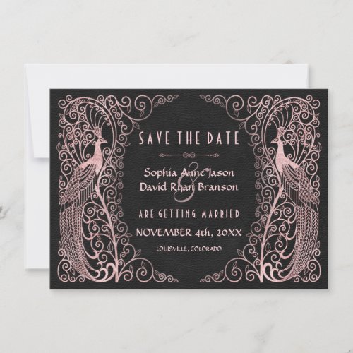 Rose Gold Art Deco Peacocks Black Save The Date