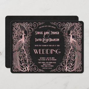 Rose Gold Art Deco Peacocks Black Wedding Invite