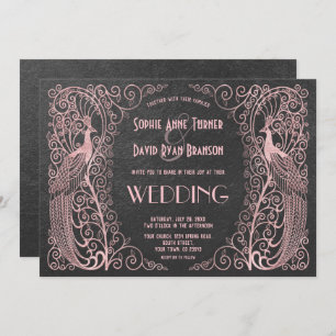Rose Gold Art Deco Peacocks Black Wedding Invite
