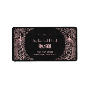 Rose Gold Art Deco Peacocks Black Wedding Label