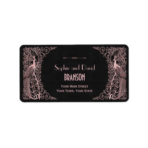 Rose Gold Art Deco Peacocks Black Wedding Label