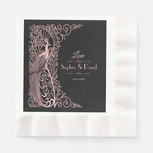 Rose Gold Art Deco Peacocks Black Wedding Napkins (Front)