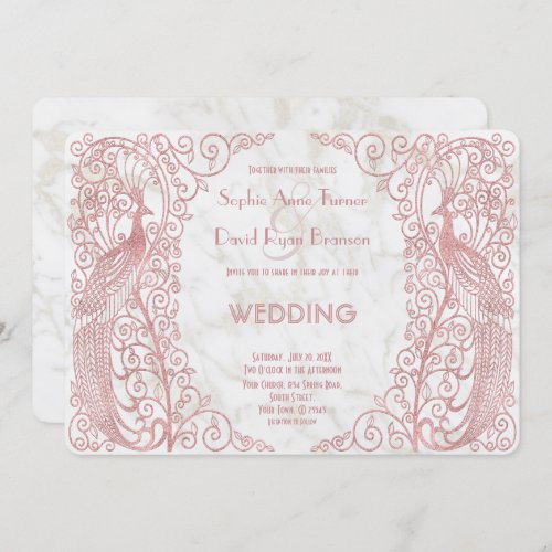 Rose Gold Art Deco Peacocks Wedding Invitation