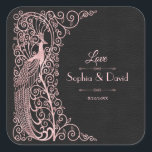 Rose Gold Art Deco Peacocks Wedding Square Sticker<br><div class="desc">Unique design featuring a mix of old world style faux rose gold art deco peacocks and bold,  modern graphic approach,  on a black textured background. Use Customize tool to add your info. For matching items,  visit,  please,  my Rose Gold Marble Art Deco Peacocks Collection.</div>