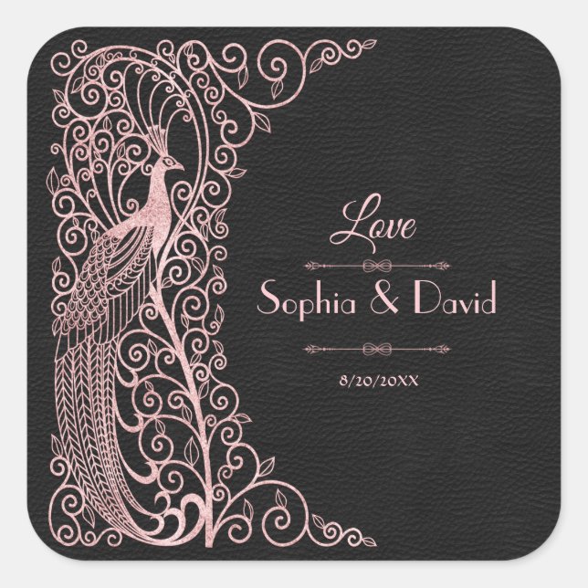 Rose Gold Art Deco Peacocks Wedding Square Sticker (Front)
