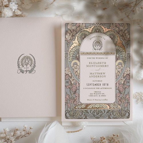 Rose Gold Art Nouveau Botanical Wedding Invitation Foil Invitation