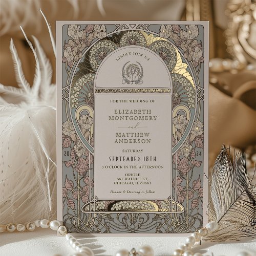 Rose Gold Art Nouveau Botanical Wedding Invitation Foil Invitation