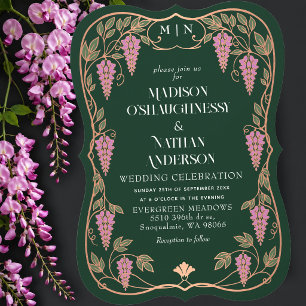 Rose Gold Art Nouveau Pink Wisteria Wedding Invitation