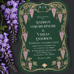 Rose Gold Art Nouveau Purple Wisteria Wedding Invitation