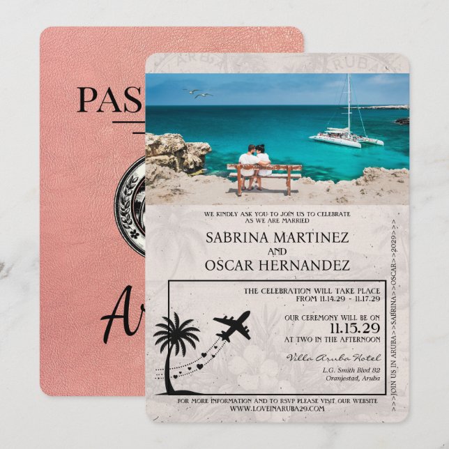 Rose Gold Aruba Passport Wedding Invitation (Front/Back)
