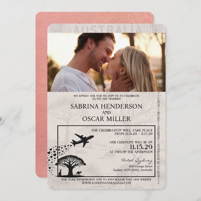 Rose Gold Australia Passport Wedding Invitation (Front/Back)