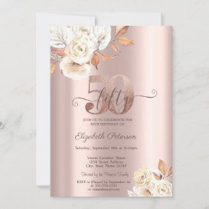 Rose Gold Autumn Flowers 50th Birthday Invitation