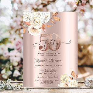 Rose Gold Autumn Flowers 50th Birthday Invitation