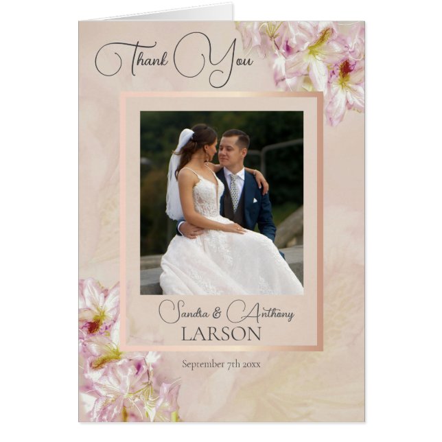 Rose Gold Azalea Photo Wedding Cards (Front)