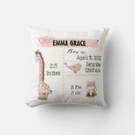 Rose Gold Baby Birth Stats Jungle Animals Nursery Throw Pillow at Zazzle