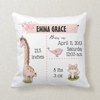 Rose Gold Baby Birth Stats Jungle Animals Nursery Throw Pillow by beautifullygifted at Zazzle