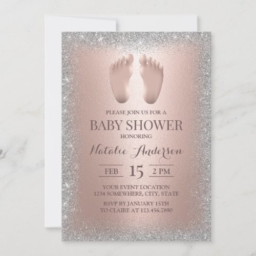 Rose Gold Baby Feet Silver Glitter Baby Shower Invitation