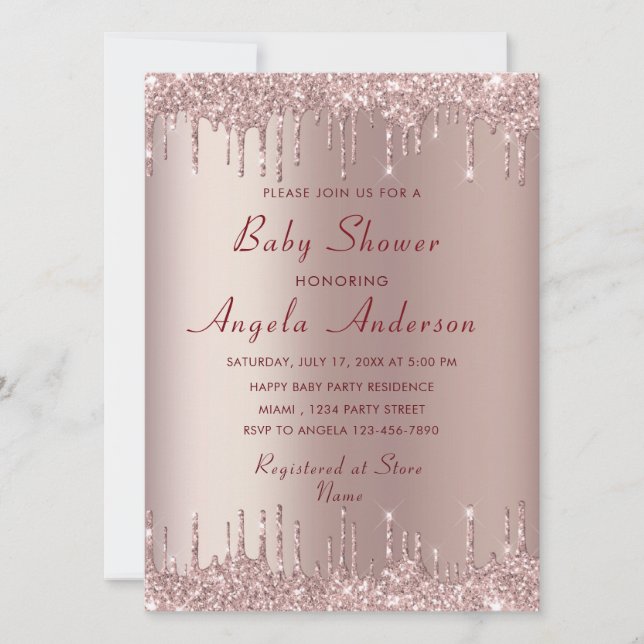 Rose Gold Baby Girl Shower Invitation with QR Code (Front)