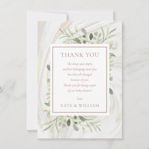 Rose Gold Baby Shower Poem Spring Leaves Greenery Thank You Card