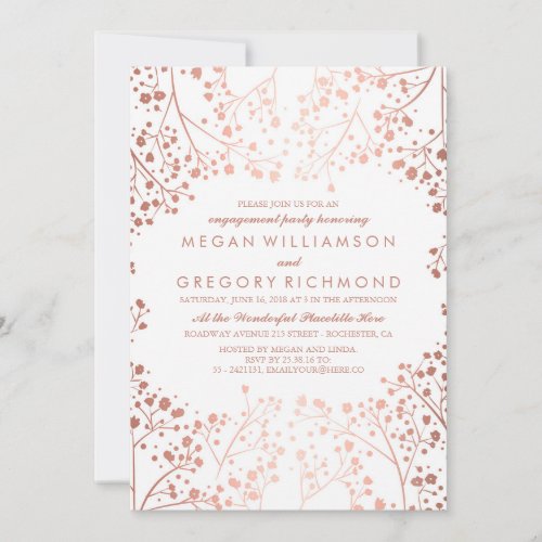 Rose Gold Babys Breath Floral Engagement Party Invitation