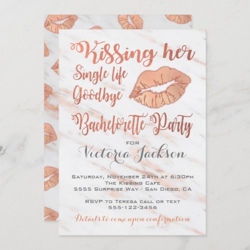 Rose Gold Bachelorette Party Kiss with marble Invitation