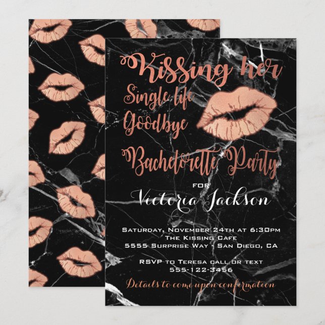 Rose Gold Bachelorette Party Kiss with marble Invitation (Front/Back)