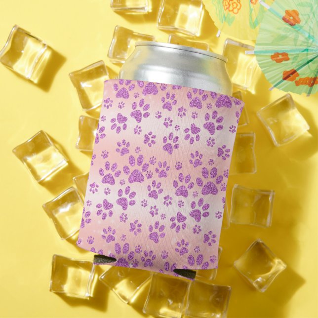Rose Gold Background Purple Glitter Paw Prints Can Cooler (In Situ Summer)