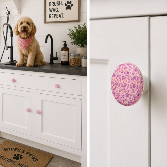 Rose Gold Background Purple Glitter Paw Prints Ceramic Knob (Creator Uploaded)