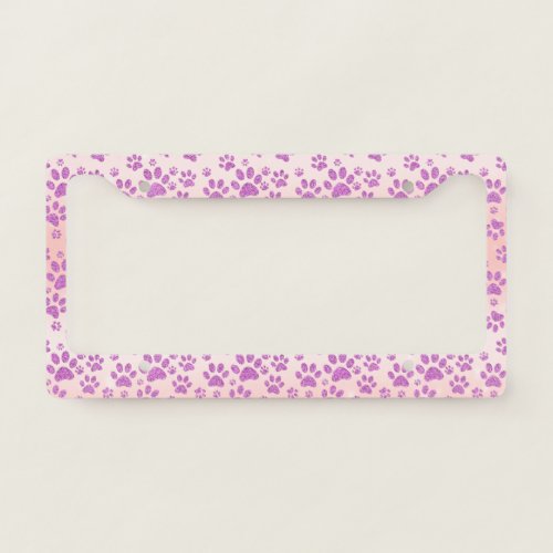 Rose Gold Background Purple Glitter Paw Prints License Plate Frame